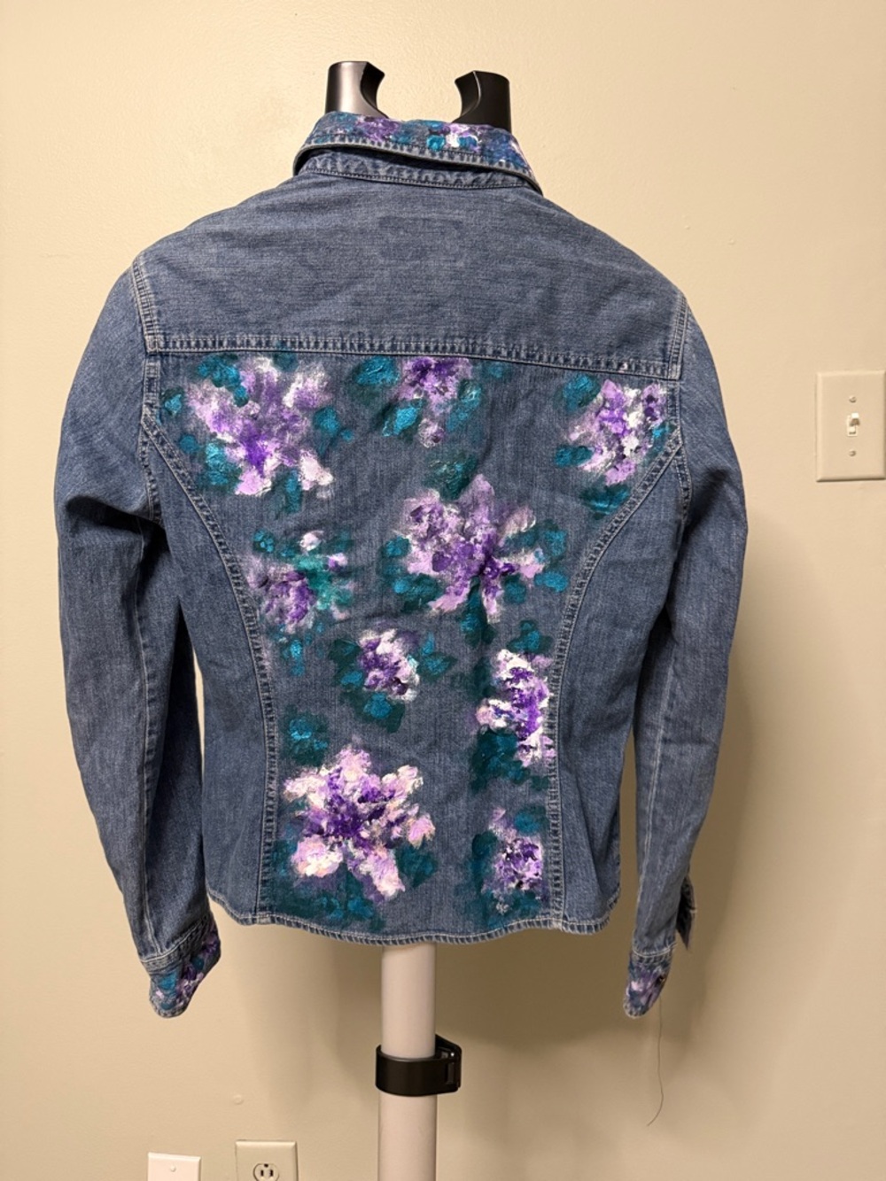 Handpainted Denim Button-Down Shirt with Purple Floral Accents - Picture 3 of 6